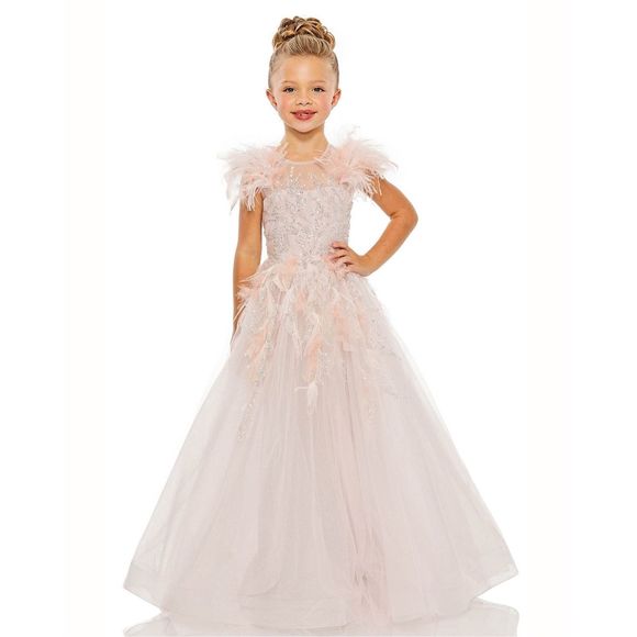 MAC DUGGAL GIRLS FEATHER SLEEVE DETAIL GLITTER TULLE DRESS